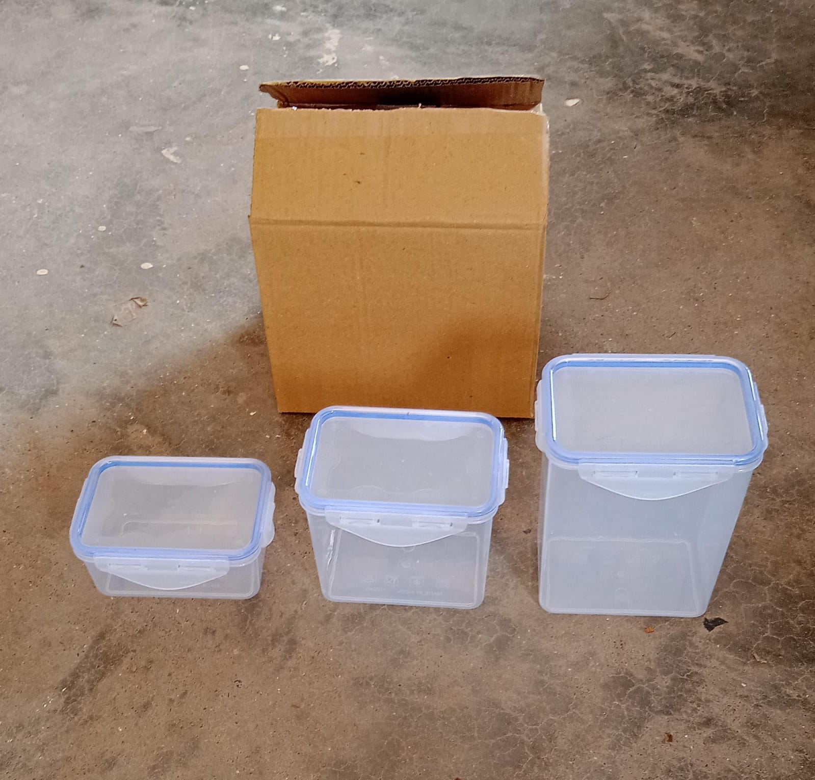 Plastic storage jars with secure locking lids, set of 3. Plastic storage jars with secure locking lids, set of 3.